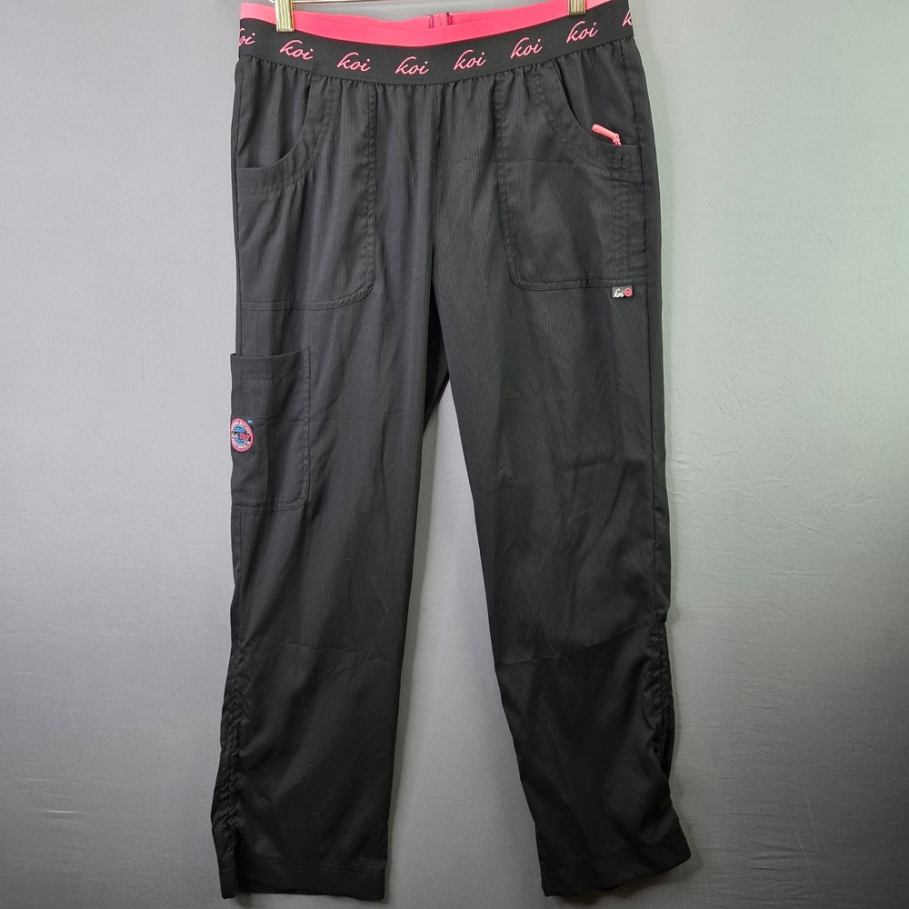 Koi Lite Scrub Pants Peace Slim Fit M Petite Black Pink Logo Waistband Cargo 720